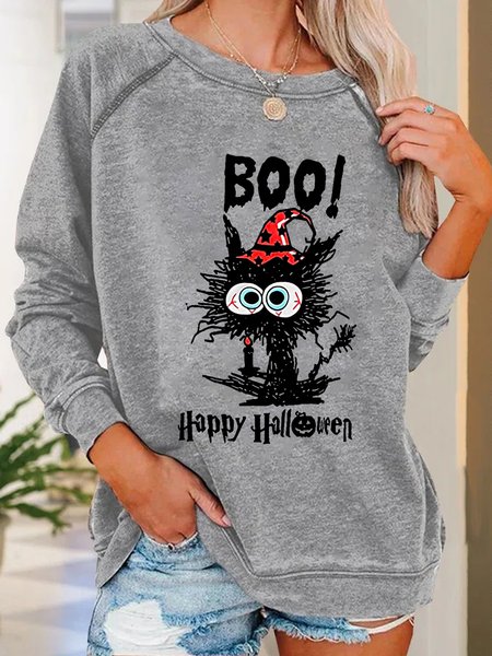 

Women Cat Mom Boo Happy Halloween Crew Neck Sweatshirt, Gray, Hoodies&Sweatshirts