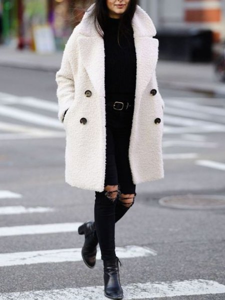 

Long sleeve Loose Shawl Collar Overcoat, White, Others