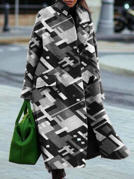 

Lapel Collar Urban Geometric Printed Overcoat, As picture, Coats