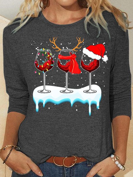 

Womens Three Glass Of Wine Santa Reindeer Christmas Tops, Gray, Long sleeves