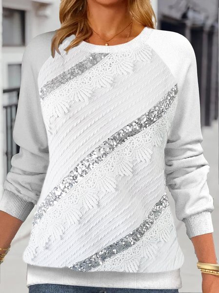

Lace Loose Plain Sweatshirt, White, Hoodies & Sweatshirts