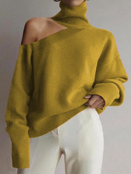 

Urban Turtleneck Plain Cut-outs Sweater, Yellow, Pullovers