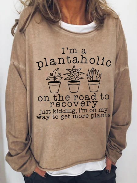 

Women's Funny Plantaholic Gardener Plant Lover Text Letters Sweatshirt, Khaki, Hoodies&Sweatshirts