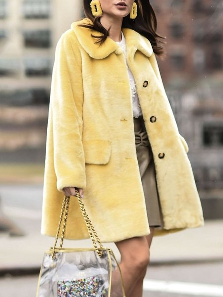 Long sleeve Regular Fit Elegant Faux Fur Teddy Jacket, Yellow, Coats