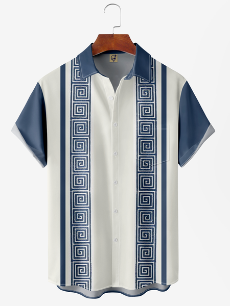 

Geometry Chest Pocket Short Sleeve Bowling Shirt, Blue, Men Shirts