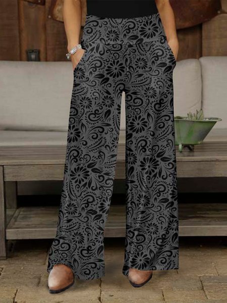 

Casual Vintage Floral Casual Pants, Deep gray, Pants