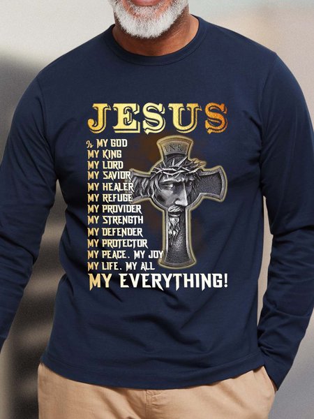 

Men Jesus My Everything My Life My All Text Letters Cotton Top, Deep blue, Long Sleeves