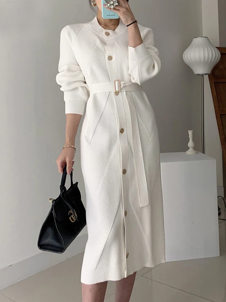 

High Elasticity Regular Fit Elegant Crew Neck Long sleeve Dress, Off white, Maxi Dresses