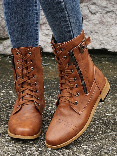 

Simple Solid Color Buckle Decorated Riding Boots Mid Boots, Brown, Boots