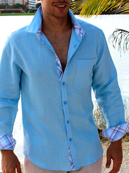 

Plaid Panel Chest Pocket Long Sleeve Shirt, Blue, Long Sleeve Shirts
