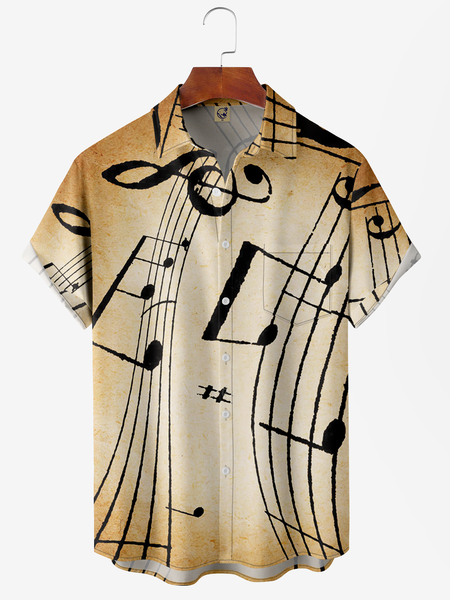 

Musical Chest Pocket Short Sleeve Lapel Hawaiian Shirt, Khaki, Short Sleeve Shirts