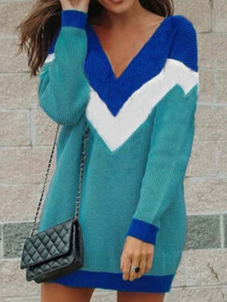 

Wool/Knitting Plain V Neck Dresses, Green, Dresses