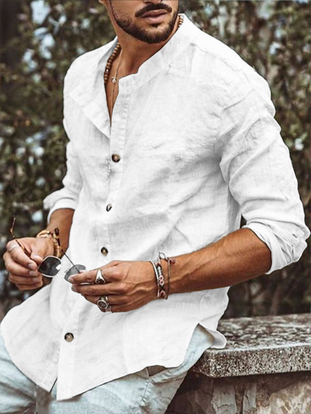 

Clean-colored pocket long-sleeved shirt, casual style cotton shirt with vertical collar, As picture, Long Sleeve Shirts