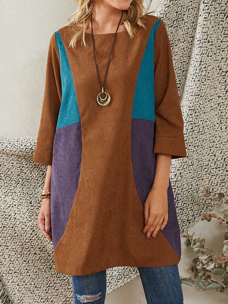 

Casual Contrast Loose Crewneck Corduroy Dress, Brown, Dresses