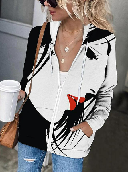 

Women's Zip Hoodie Figure Loose Casual Jacket, White, Coats