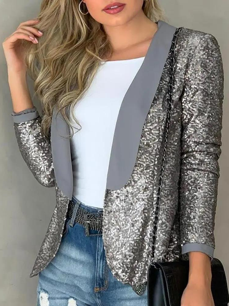 Urban Long Sleeve Sequins Blazer Coat, Gray, Blazers