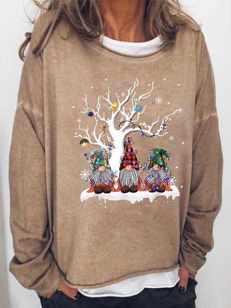 

Women's Christmas Tree Gnome Print Loose Christmas Crew Neck Sweatshirt, Khaki, Hoodies&Sweatshirts