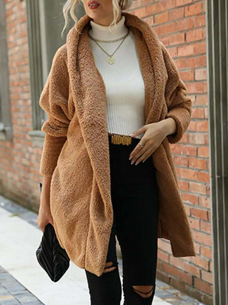

Casual Plain Loose Shawl Collar Teddy Jacket, Brown, Outerwear
