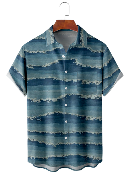 

Geometric Chest Pockets Short Sleeve Hawaiian Shirt, Blue, Short Sleeve Shirts