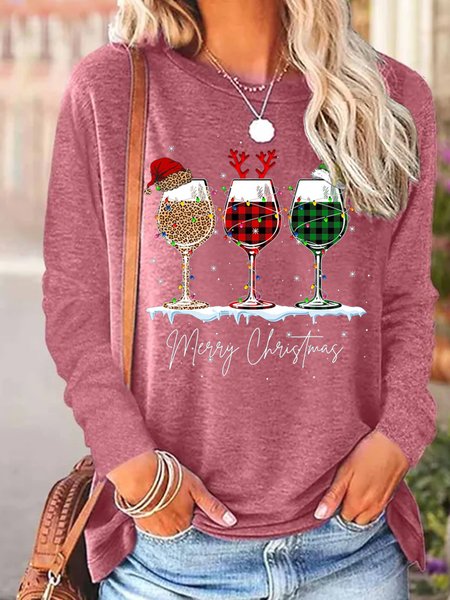 

Merry Christmas Three Wine Glasses Print Cotton-Blend Casual Crew Neck Top, Red, Long sleeves