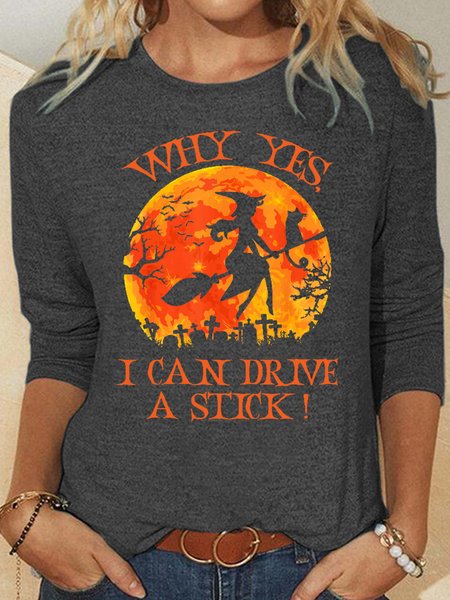 

Womens Halloween Witch I Can Drive Stick Crew Neck Top, Gray, Long sleeves