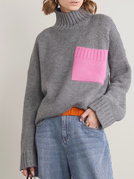 

Plain Turtleneck Sweater, Gray, Pullovers