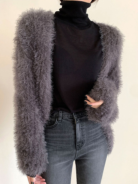 

High Elasticity Loose V Neck Long sleeve Plain Urban Sweater Coat, Gray, Cardigans