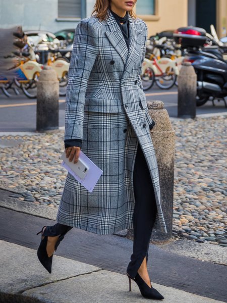

Long sleeve Regular Fit Vintage Plaid Overcoat, Gray, Coats