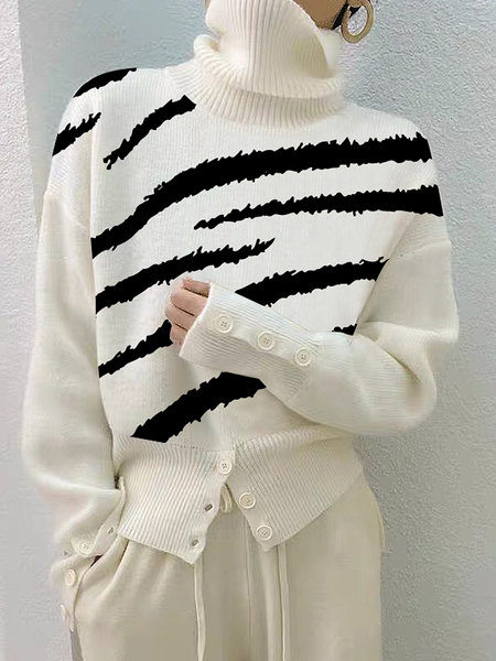 

High Elasticity Loose Turtleneck Long sleeve Geometric Urban Sweater, Off white, Pullovers