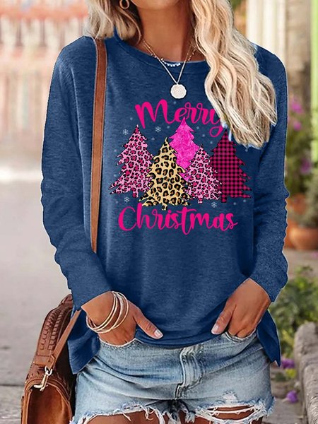 

Women Merry Christmas Tree Snowflake Loose Cotton-Blend Tops, Blue, Long sleeves
