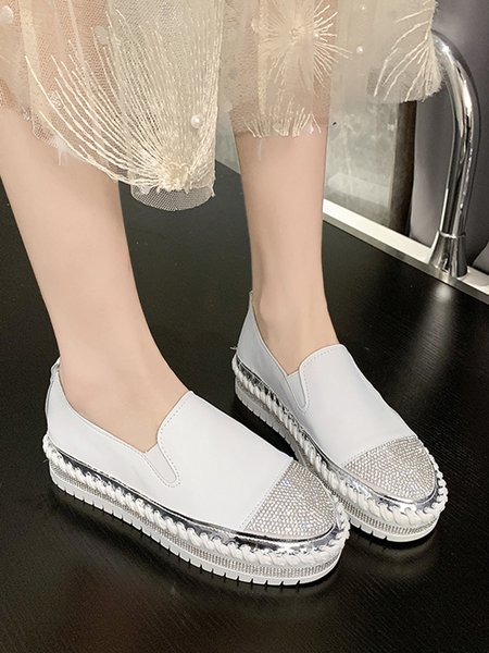 

Rhinestone Toe Faux Leather Platform Loafers, White, Flats