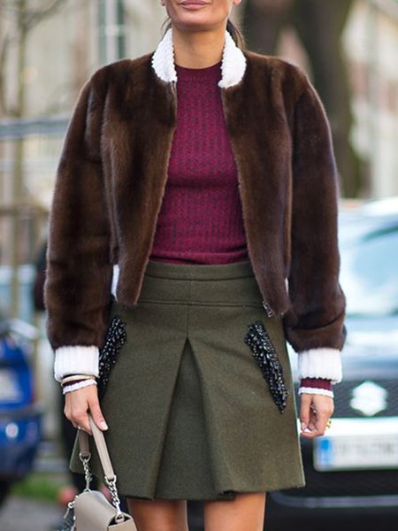 

Color Block Loose Stand Collar Teddy Jacket, Brown, Others