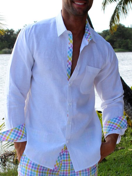 

Plaid Panel Chest Pocket Long Sleeve Shirt, White, Long Sleeve Shirts