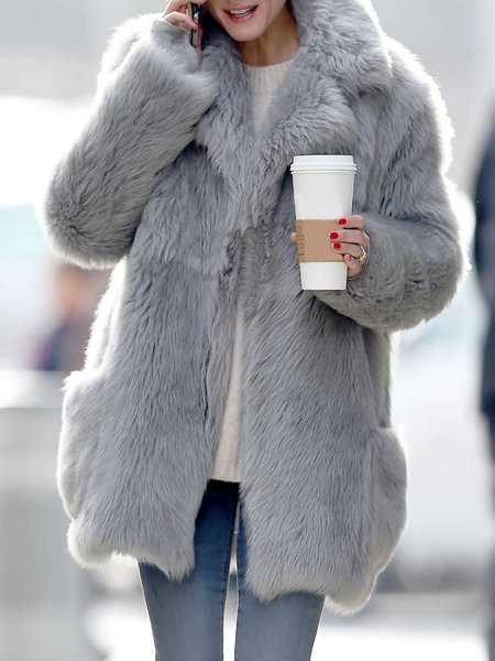 

Simple Lapel Collar Plain Teddy Coat, Gray, Coats