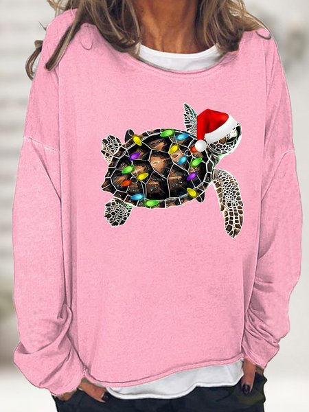 

Women's Funny Cute Turtle Christmas Fairy Lights Graphic Casual Cotton-Blend Sweatshirt, Pink, Hoodies&Sweatshirts