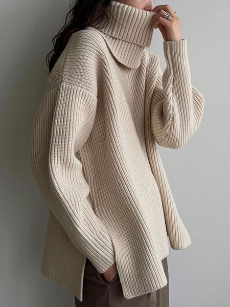 

Daily Long sleeve Simple Turtleneck Plain Sweater, Apricot, Pullovers