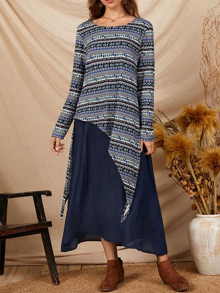 

Casual Ethnic Floral Design Round Neck Loose Dress, Dark blue, Dresses