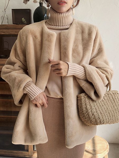 

Daily Long sleeve Plain Faux Fur Crew Neck Teddy Jacket, Apricot, Coats