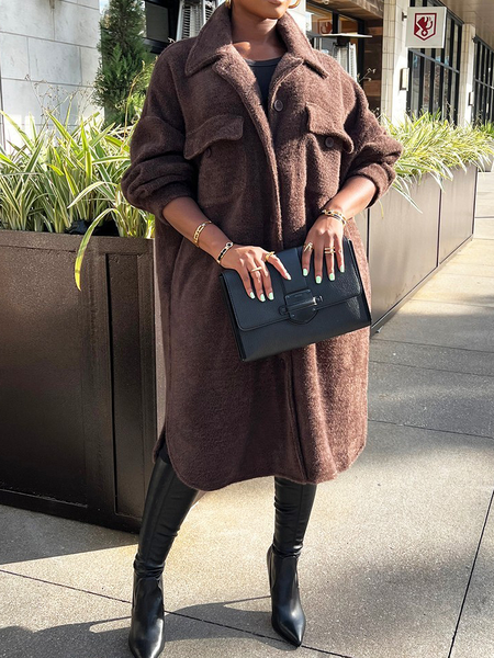 

Shirt Collar Loose Long sleeve Teddy Mid-long Jacket, Brown, Others