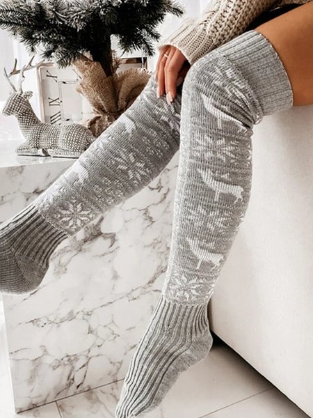 

Christmas Elk Snowflake Old Man Pattern Woolen Stockings Over the Knee Socks Holiday Party Socks, Gray, Socks