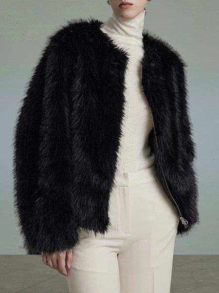 

Elegant Plain Long Sleeve Teddy Coat, Black, Others