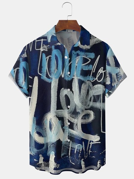 

Graffiti Chest Pocket Short Sleeve Hawaiian Shirt, Blue, Short Sleeve Shirts