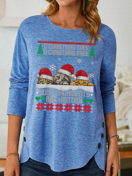 

Women Christmas Tree Cats Hat Snowflake Crew Neck Top, Blue, Long sleeves