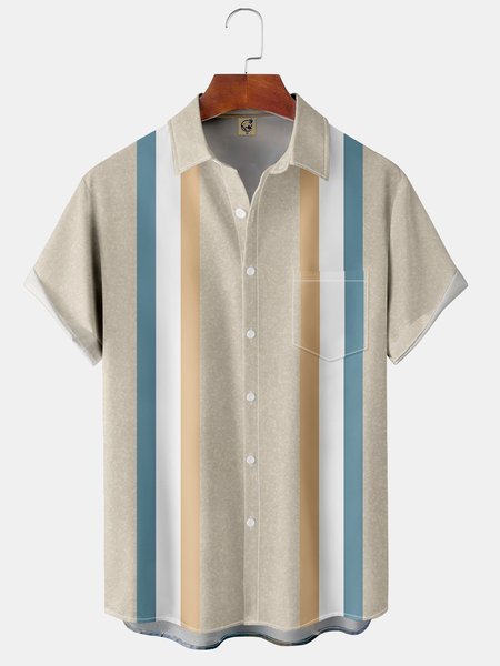 

Striped Chest Pocket Short Sleeve Bowling Shirt, Light khaki, Short Sleeve Shirts