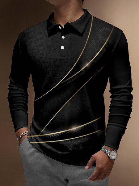 

Striped Gradient Buttons Long Sleeve Polo, Black, Long Sleeve T-shirts
