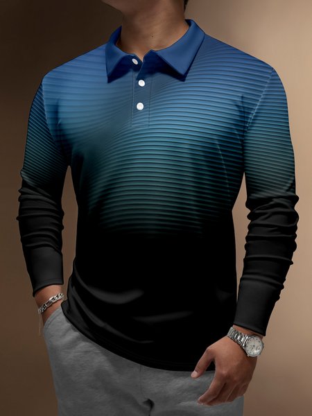 

Striped Gradient Buttons Long Sleeve Polo, Cyan, Polo Shirts