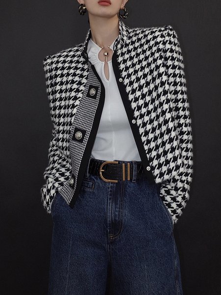 

Long sleeve Loose Houndstooth Stand Collar Jacket, Black-white, Jackets