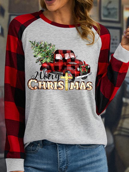 

Women's Merry Christmas Buffalo Plaid Car Print Polyester Cotton T-Shirt, White, Long sleeves