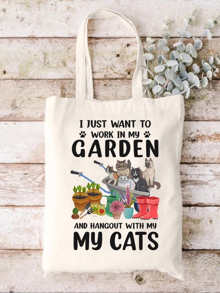 

I Just Want To Work In My Garden And Hangout With My Cats Animal Graphic Shopping Tote, White, Bags