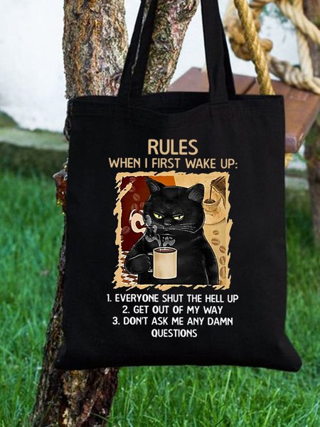 

Black Cat Rules When I First Wake Up Animal Graphic Shopping Tote, Bags
